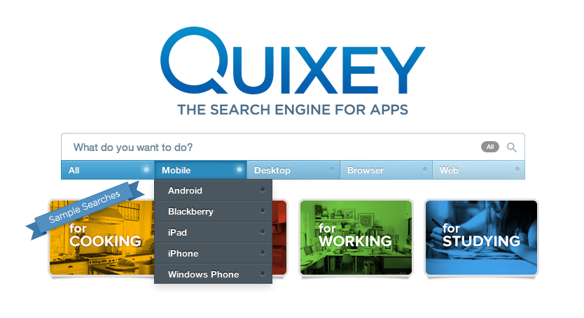 Quixey’s search page asks what users want to do and offers mobile, desktop, browser, and web filters