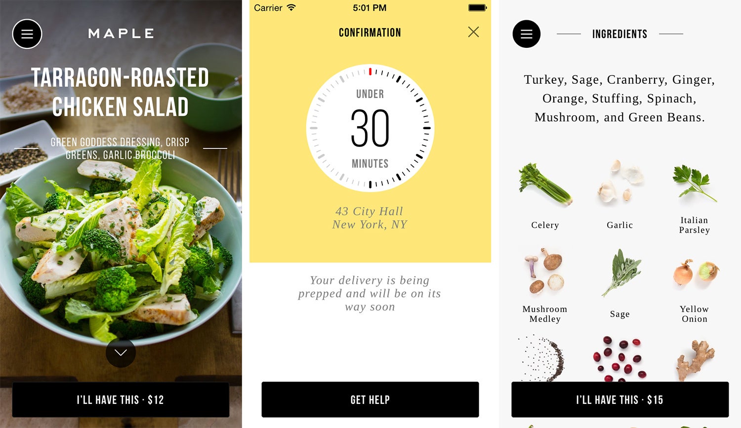 Maple app screens show a meal, a delivery confirmation, and illustrated ingredients