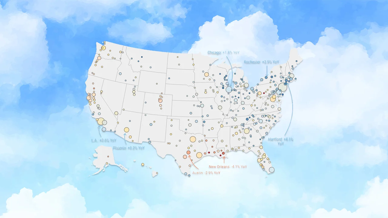 Zillow heeft zijn schattingen van de huizenprijzen in meer dan 400 huizenmarkten herzien (zie kaart).