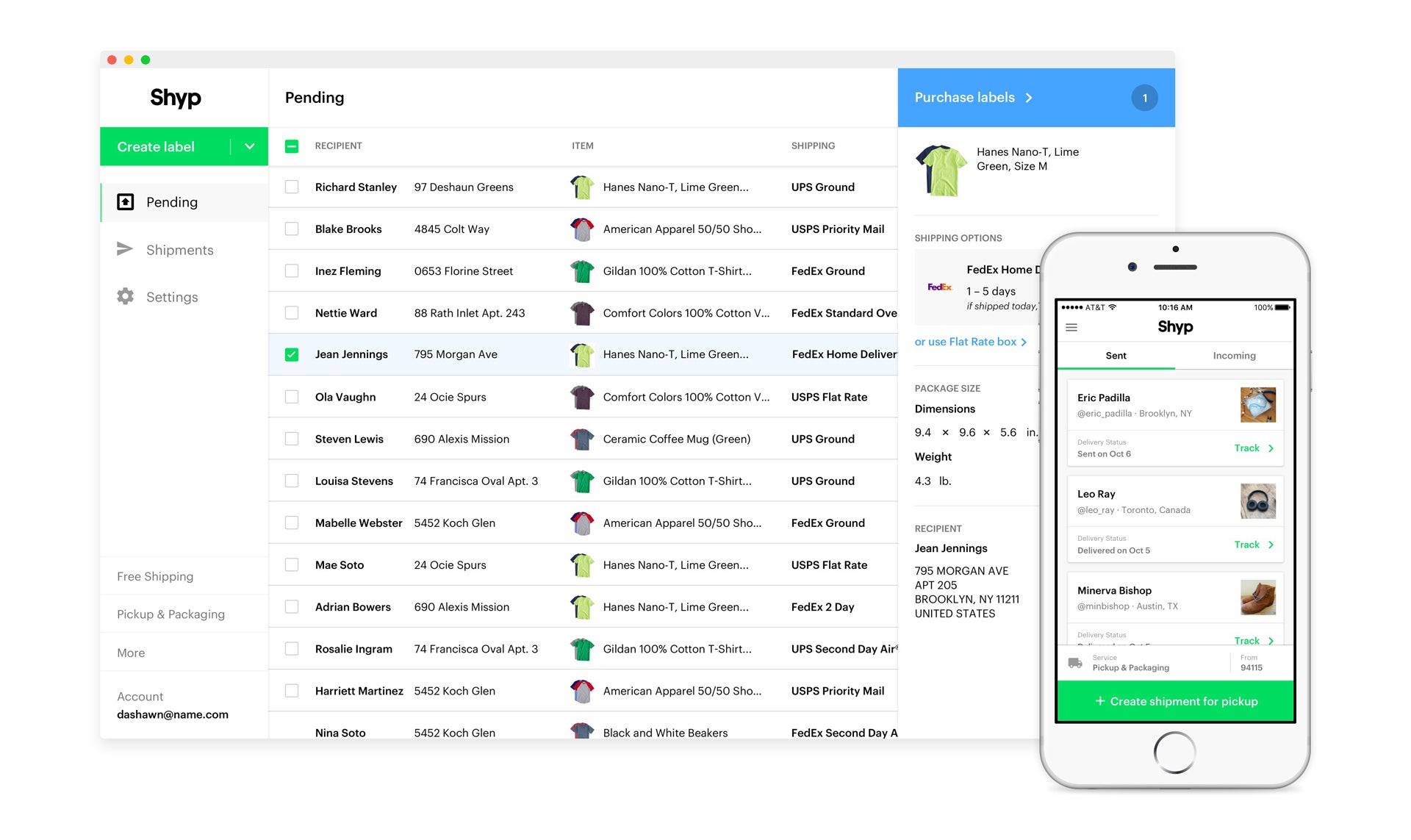 Shyp desktop shipment list beside its mobile shipping application