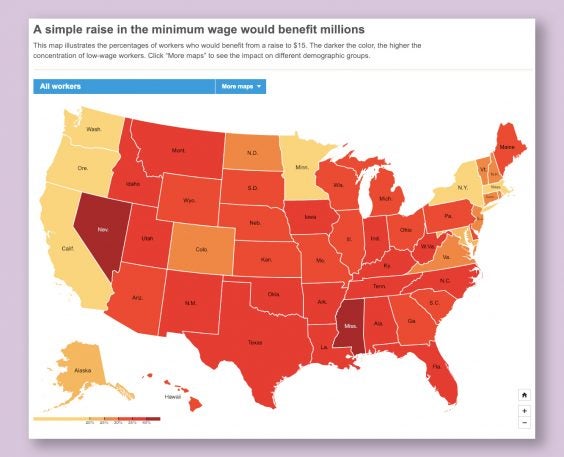 Minimum Wage Example This map shows where an increased minimum wage would boost incomes the ...
