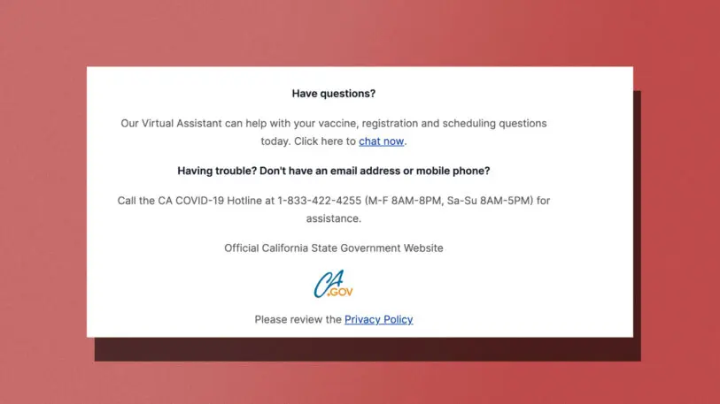 A screenshot of the state of California's contact info page showing multiple options.