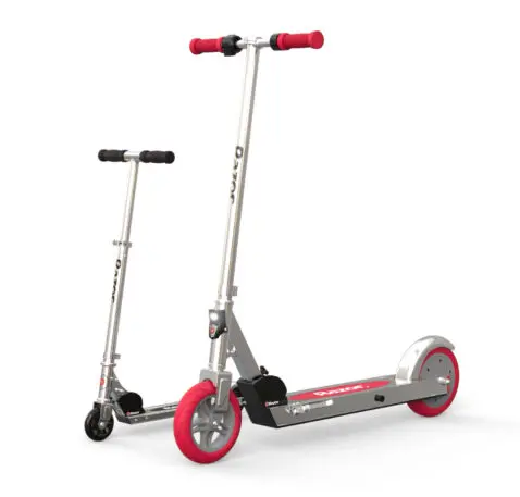 A photo comparing the original Razor scooter with the new design. The original is substantially smaller.