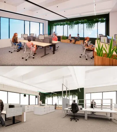 Two photos stacked on each other showing the before and after of the office redesign. In the first photo the room has two large table structures, each seating for workstations, with some bench-like seating along the perimter. In the second photo there is one large table with room for approximately four workstations but there are now integrated privacy dividers. There also appears to be a new cublicle-like workstation area in the left-hand side of the frame but it's mostly cropped out. Where there had previously been another 4-top table there is now a standing-work area with file storage. The bench-like seating along the perimeter remains. 