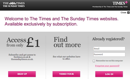 U.K. Times paywall signup page